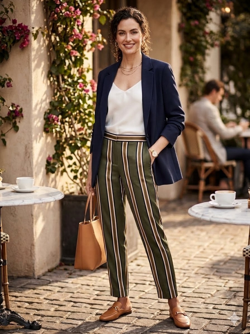 Theory Sz M Olive Green Gold White Vertical Striped Essential Easy Pull-On Pants